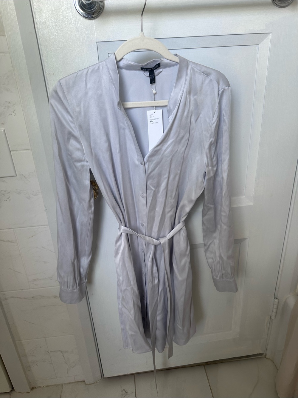 Eileen Fisher Light Gray Silky Belted Dress